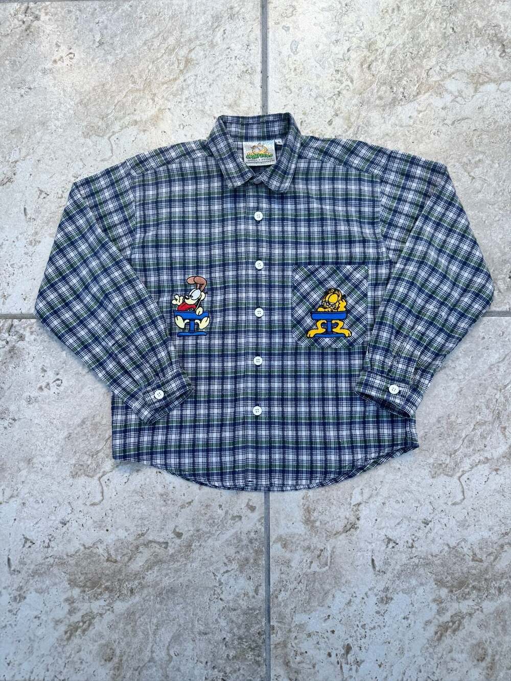 Vintage 1978 Garfield Plaid Button Up Shirt Size 4 Blue Green Long Sleeve